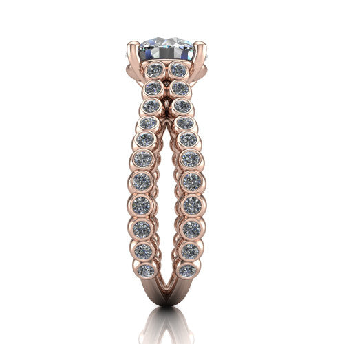 Magnolia round classic engagement ring in 18K Rose Gold, side profile showing the split bezel-set diamond band in side view
