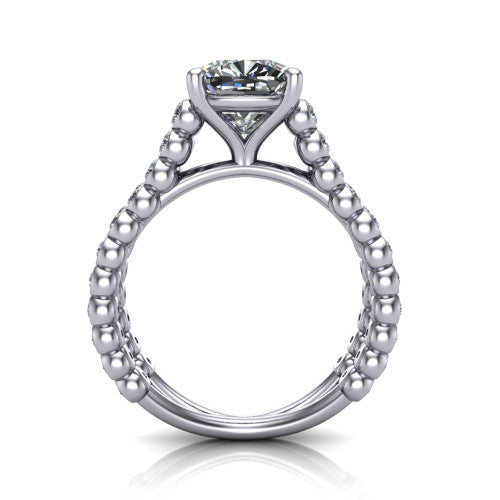Magnolia cushion classic engagement ring in 14K White Gold, through-finger front profile showing the four-prong head and split bezel band from the front