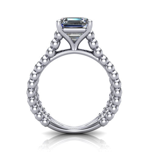 Magnolia square emerald-cut classic engagement ring in 14K White Gold, through-finger front profile showing the four-prong head and split bezel band from the front