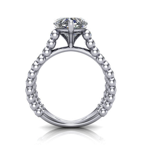 Magnolia heart classic engagement ring in Platinum, through-finger front profile showing the four-prong head and split bezel band from the front