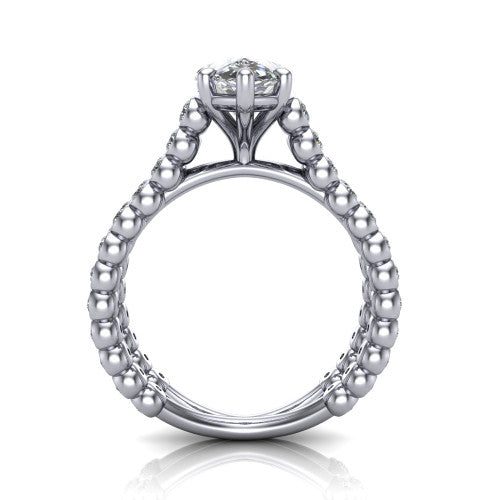Magnolia pear classic engagement ring in 18K White Gold, through-finger front profile showing the four-prong head and split bezel band from the front