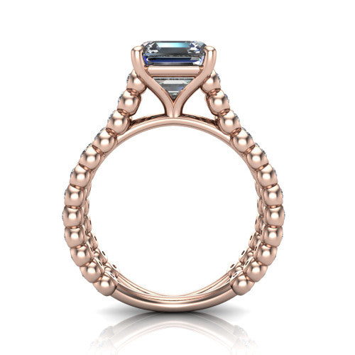 Magnolia square emerald-cut classic engagement ring in 14K Rose Gold, through-finger front profile showing the four-prong head and split bezel band from the front