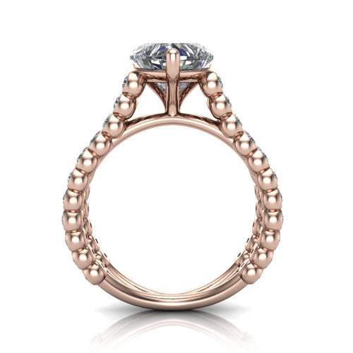Magnolia heart classic engagement ring in 14K Rose Gold, through-finger front profile showing the four-prong head and split bezel band from the front