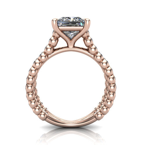 Magnolia princess-cut classic engagement ring in 14K Rose Gold, through-finger front profile showing the four-prong head and split bezel band from the front