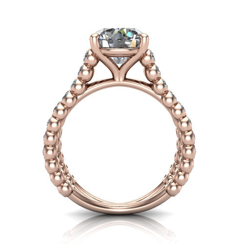 Magnolia round classic engagement ring in 18K Rose Gold, through-finger front profile showing the four-prong head and split bezel band from the front