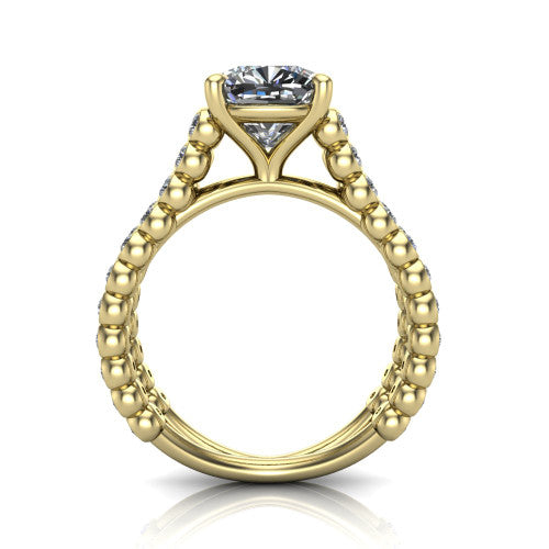 Magnolia cushion classic engagement ring in 14K Yellow Gold, through-finger front profile showing the four-prong head and split bezel band from the front
