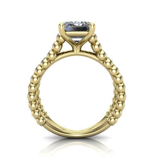 Magnolia emerald-cut classic engagement ring in 18K Yellow Gold, through-finger front profile showing the four-prong head and split bezel band from the front