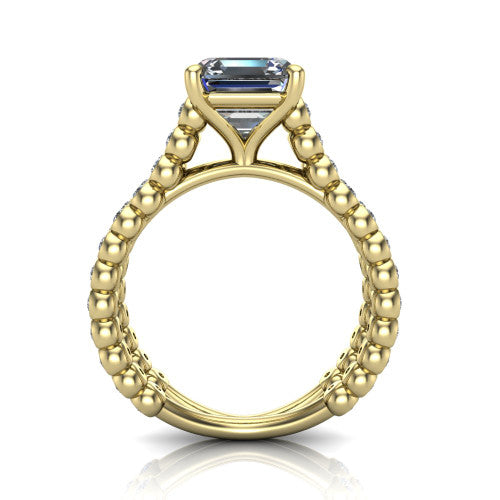 Magnolia square emerald-cut classic engagement ring in 14K Yellow Gold, through-finger front profile showing the four-prong head and split bezel band from the front