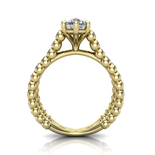 Magnolia pear classic engagement ring in 18K Yellow Gold, through-finger front profile showing the four-prong head and split bezel band from the front