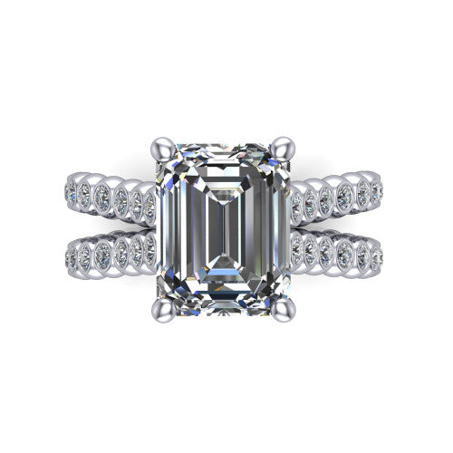 Magnolia emerald-cut classic engagement ring in 18K White Gold, top-down view showing the emerald-cut center diamond and bezel-set shoulders from above