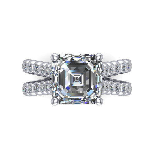Magnolia square emerald-cut classic engagement ring in Platinum, top-down view showing the square emerald-cut center diamond and bezel-set shoulders from above