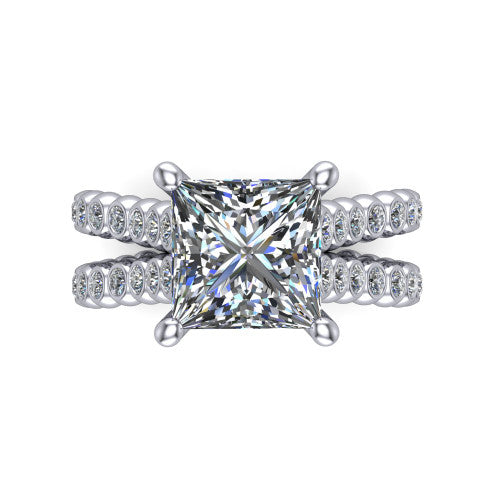 Magnolia princess-cut classic engagement ring in Platinum, top-down view showing the princess-cut center diamond and bezel-set shoulders from above
