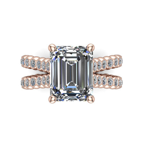 Magnolia emerald-cut classic engagement ring in 14K Rose Gold, top-down view showing the emerald-cut center diamond and bezel-set shoulders from above