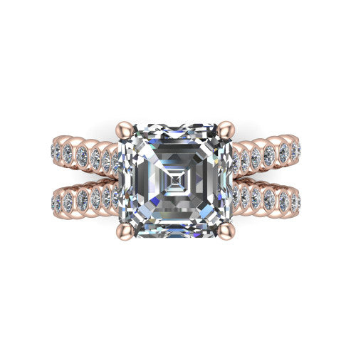 Magnolia square emerald-cut classic engagement ring in 18K Rose Gold, top-down view showing the square emerald-cut center diamond and bezel-set shoulders from above