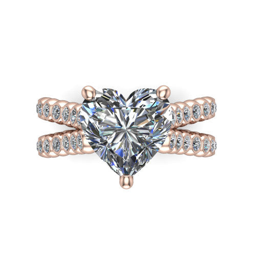 Magnolia heart classic engagement ring in 14K Rose Gold, top-down view showing the heart center diamond and bezel-set shoulders from above