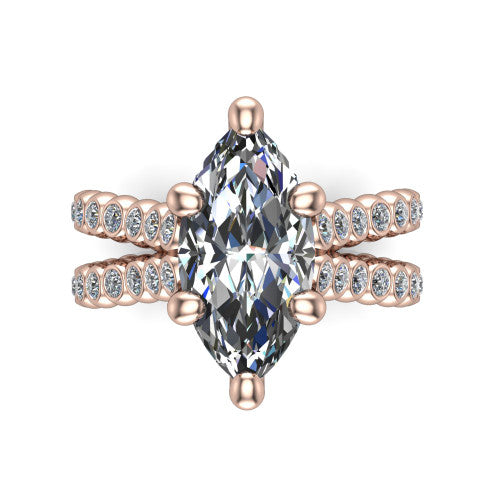 Magnolia marquise classic engagement ring in 18K Rose Gold, top-down view showing the marquise center diamond and bezel-set shoulders from above
