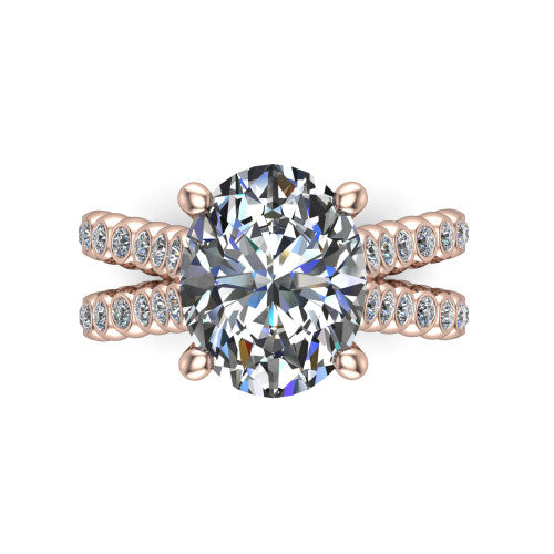 Magnolia oval classic engagement ring in 14K Rose Gold, top-down view showing the oval center diamond and bezel-set shoulders from above