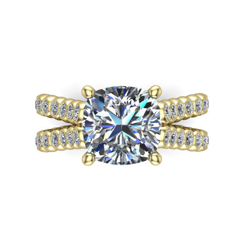Magnolia cushion classic engagement ring in 14K Yellow Gold, top-down view showing the cushion center diamond and bezel-set shoulders from above
