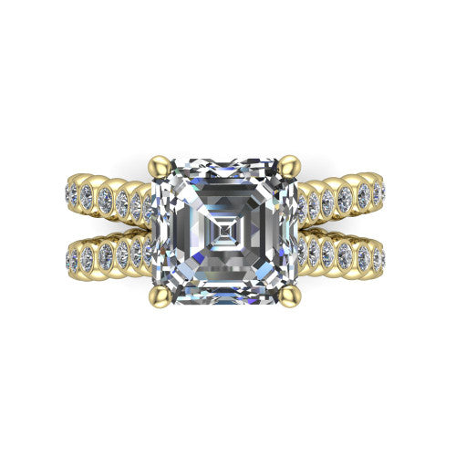 Magnolia square emerald-cut classic engagement ring in 14K Yellow Gold, top-down view showing the square emerald-cut center diamond and bezel-set shoulders from above
