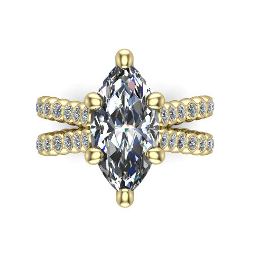 Magnolia marquise classic engagement ring in 18K Yellow Gold, top-down view showing the marquise center diamond and bezel-set shoulders from above