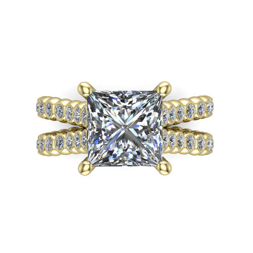 Magnolia princess-cut classic engagement ring in 18K Yellow Gold, top-down view showing the princess-cut center diamond and bezel-set shoulders from above