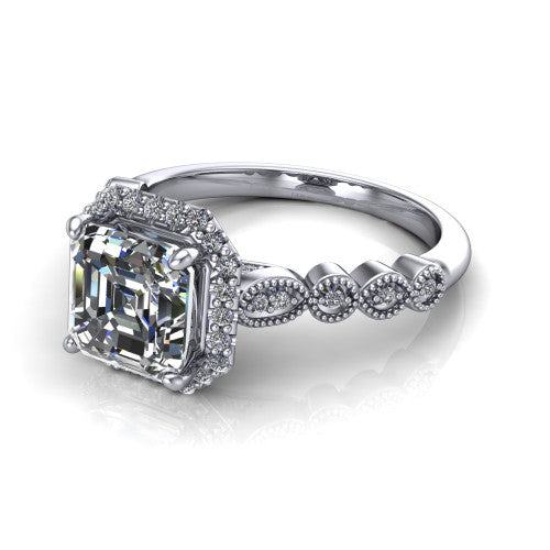 Annie square emerald-cut halo engagement ring in 18K White Gold, three-quarter perspective showing the square emerald-cut center diamond in a pave halo above a vintage milgrain station band