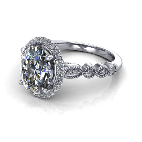 Annie oval halo engagement ring in 14K White Gold, three-quarter perspective showing the oval center diamond in a pave halo above a vintage milgrain station band