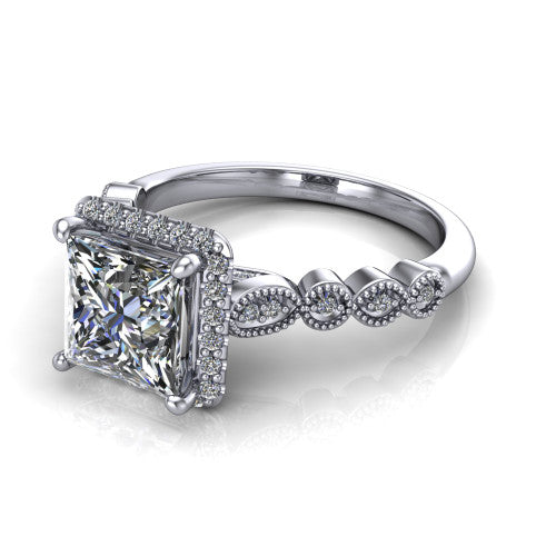 Annie princess-cut halo engagement ring in 14K White Gold, three-quarter perspective showing the princess-cut center diamond in a pave halo above a vintage milgrain station band