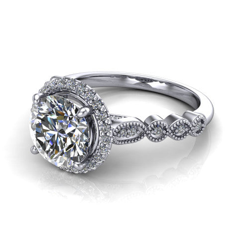 Annie round halo engagement ring in 18K White Gold, three-quarter perspective showing the round center diamond in a pave halo above a vintage milgrain station band
