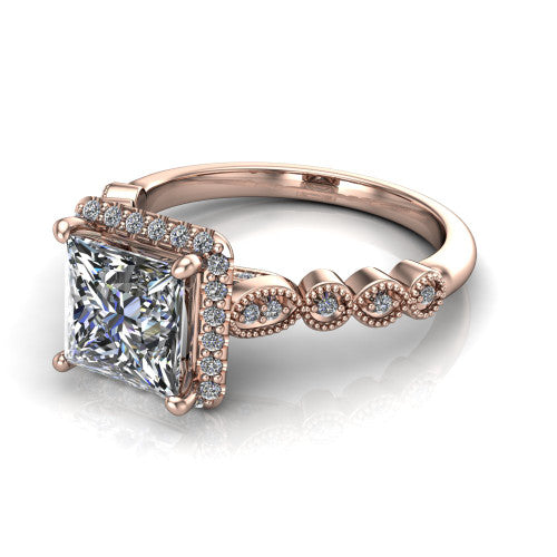 Annie princess-cut halo engagement ring in 14K Rose Gold, three-quarter perspective showing the princess-cut center diamond in a pave halo above a vintage milgrain station band