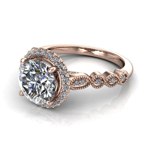 Annie round halo engagement ring in 18K Rose Gold, three-quarter perspective showing the round center diamond in a pave halo above a vintage milgrain station band