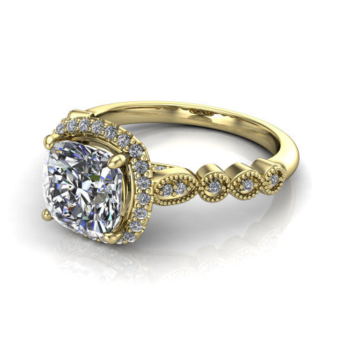 Annie cushion halo engagement ring in 14K Yellow Gold, three-quarter perspective showing the cushion center diamond in a pave halo above a vintage milgrain station band