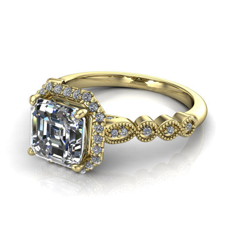 Annie square emerald-cut halo engagement ring in 14K Yellow Gold, three-quarter perspective showing the square emerald-cut center diamond in a pave halo above a vintage milgrain station band