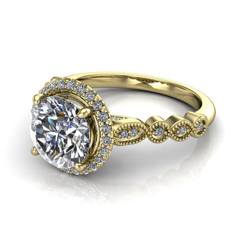 Annie round halo engagement ring in 18K Yellow Gold, three-quarter perspective showing the round center diamond in a pave halo above a vintage milgrain station band