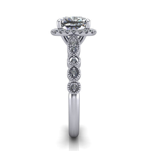 Annie cushion halo engagement ring in 14K White Gold, side profile showing the vintage station band and halo in side view