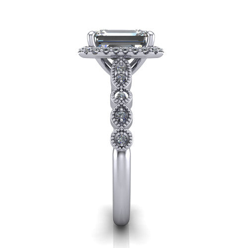 Annie emerald-cut halo engagement ring in Platinum, side profile showing the vintage station band and halo in side view