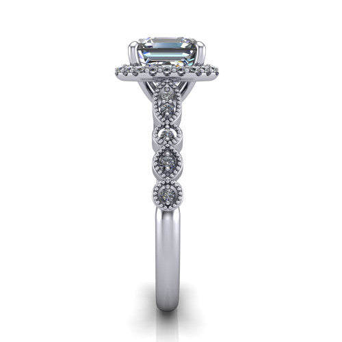 Annie square emerald-cut halo engagement ring in Platinum, side profile showing the vintage station band and halo in side view