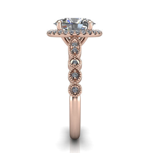Annie oval halo engagement ring in 14K Rose Gold, side profile showing the vintage station band and halo in side view