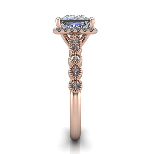 Annie princess-cut halo engagement ring in 18K Rose Gold, side profile showing the vintage station band and halo in side view