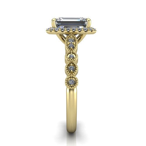 Annie emerald-cut halo engagement ring in 14K Yellow Gold, side profile showing the vintage station band and halo in side view