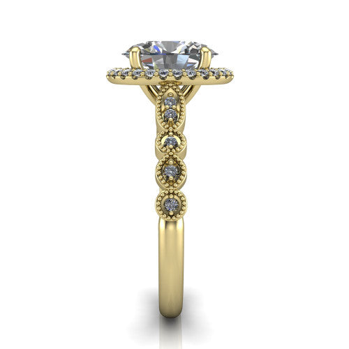 Annie oval halo engagement ring in 14K Yellow Gold, side profile showing the vintage station band and halo in side view