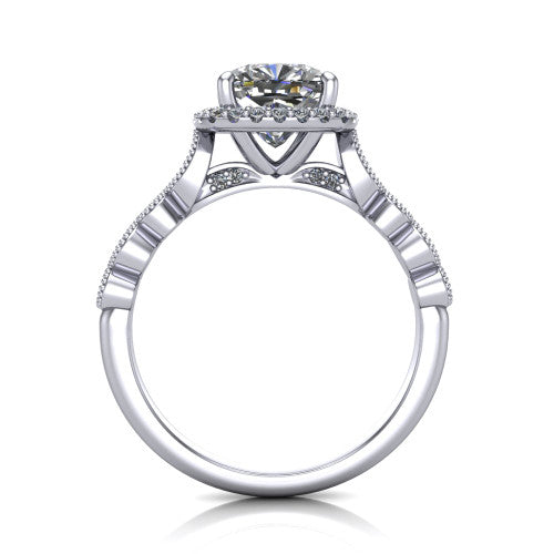 Annie cushion halo engagement ring in Platinum, through-finger front profile showing the marquise-dot milgrain shoulders and halo from the front