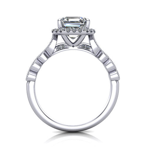 Annie square emerald-cut halo engagement ring in Platinum, through-finger front profile showing the marquise-dot milgrain shoulders and halo from the front