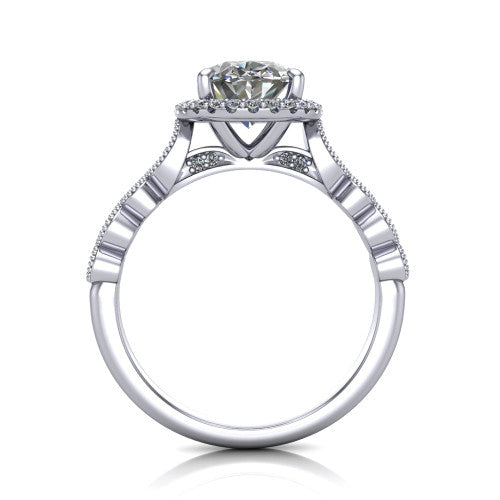 Annie oval halo engagement ring in 14K White Gold, through-finger front profile showing the marquise-dot milgrain shoulders and halo from the front
