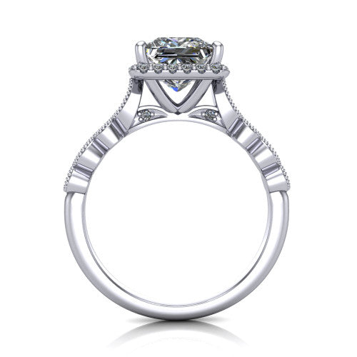 Annie princess-cut halo engagement ring in 18K White Gold, through-finger front profile showing the marquise-dot milgrain shoulders and halo from the front