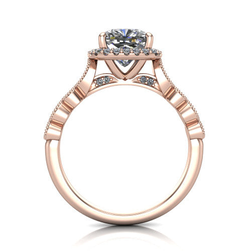 Annie cushion halo engagement ring in 18K Rose Gold, through-finger front profile showing the marquise-dot milgrain shoulders and halo from the front