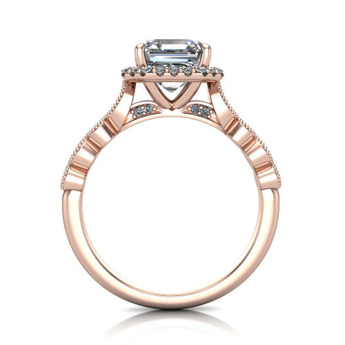 Annie square emerald-cut halo engagement ring in 18K Rose Gold, through-finger front profile showing the marquise-dot milgrain shoulders and halo from the front