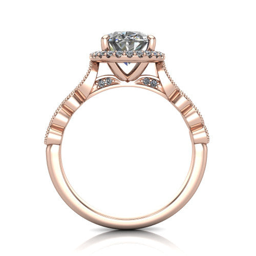 Annie oval halo engagement ring in 18K Rose Gold, through-finger front profile showing the marquise-dot milgrain shoulders and halo from the front