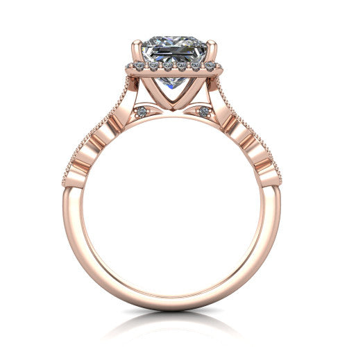 Annie princess-cut halo engagement ring in 14K Rose Gold, through-finger front profile showing the marquise-dot milgrain shoulders and halo from the front