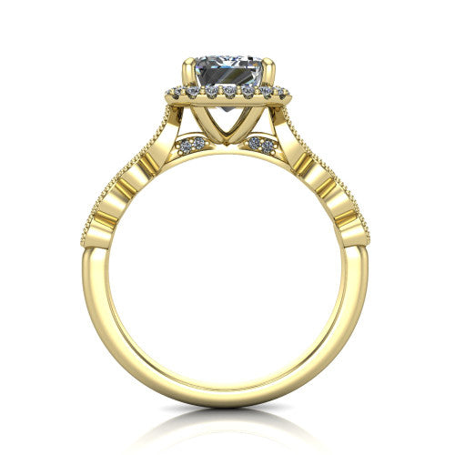 Annie emerald-cut halo engagement ring in 14K Yellow Gold, through-finger front profile showing the marquise-dot milgrain shoulders and halo from the front